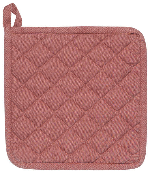 dusty rose colored square pot holder with a quilted patten and hanging loop in one corner.