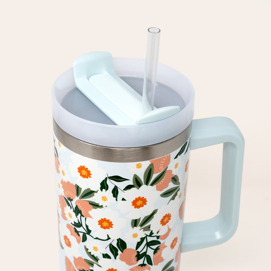 close up top angled view of the flower talk take me everywhere tumbler