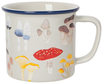 field mushrooms heritage mug with a blue rim on a white background