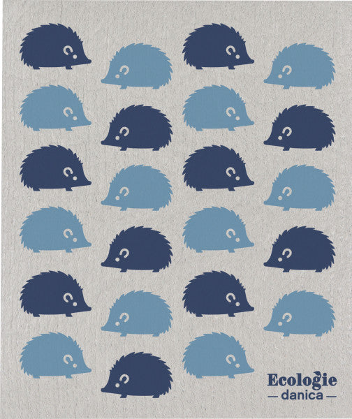 swedish dishcloth with grey background and blue hedgehog graphics.