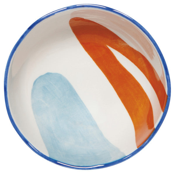 top view of the small canvas stamped bowl with orange, blue and white colors