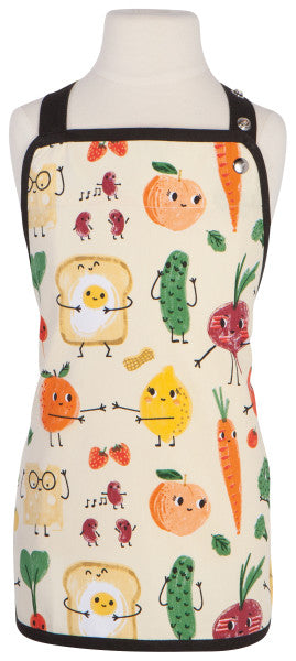 funny food kids apron with toast and eggs, peaches, carrots, lemons, and pickles displayed on a child size mannequin against a white background 