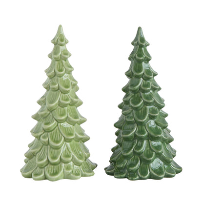 2 green ceramic trees, one light green, the other dark green.
