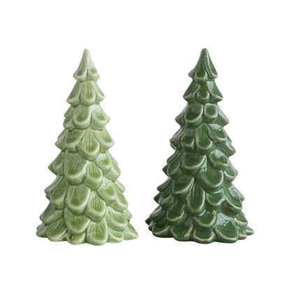 2 ceramic trees, one light green, the other dark green.