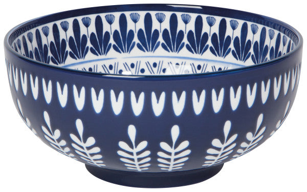 side view of the large porto stamped bowl is cobalt with white embossing on a white background