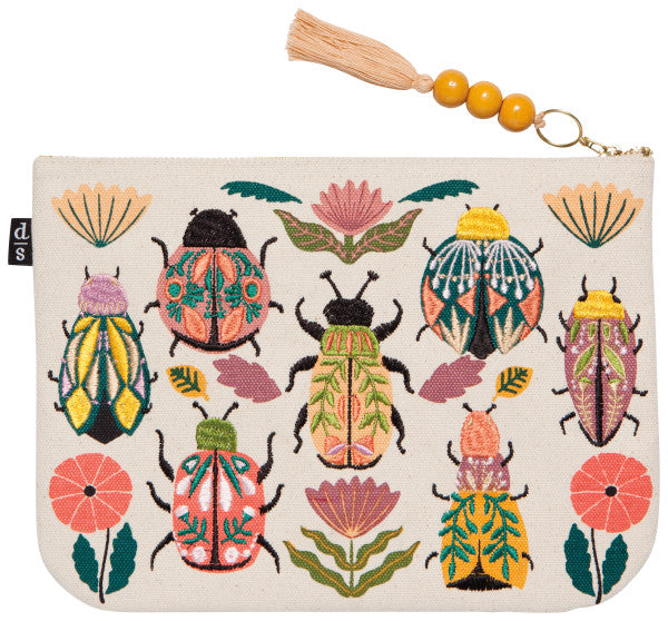 amulet large zipper pouch with beetles and flowers in hues of pinks and blues with a beaded tassel