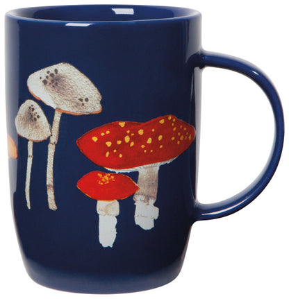 field mushrooms tall mug is blue with different types of mushrooms all over and displayed against a white background