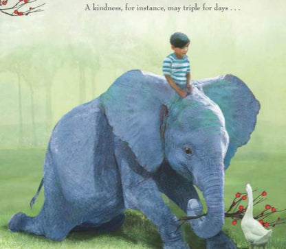 third page has the boy on the back of a elephant holding a small branch in his trunk and text