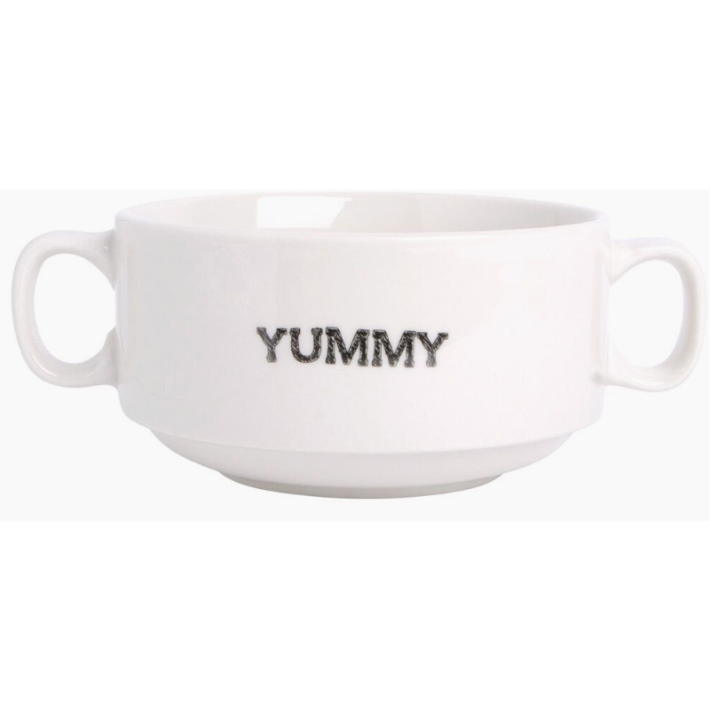 white double handled soup mug with text "yummy" in black lettering