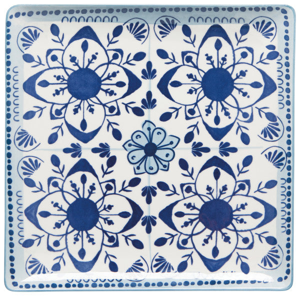 top view of the white and blue porto stamped square plate