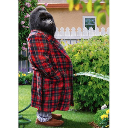 front of card has a gorilla wearing a plaid robe watering plants like he is peeing
