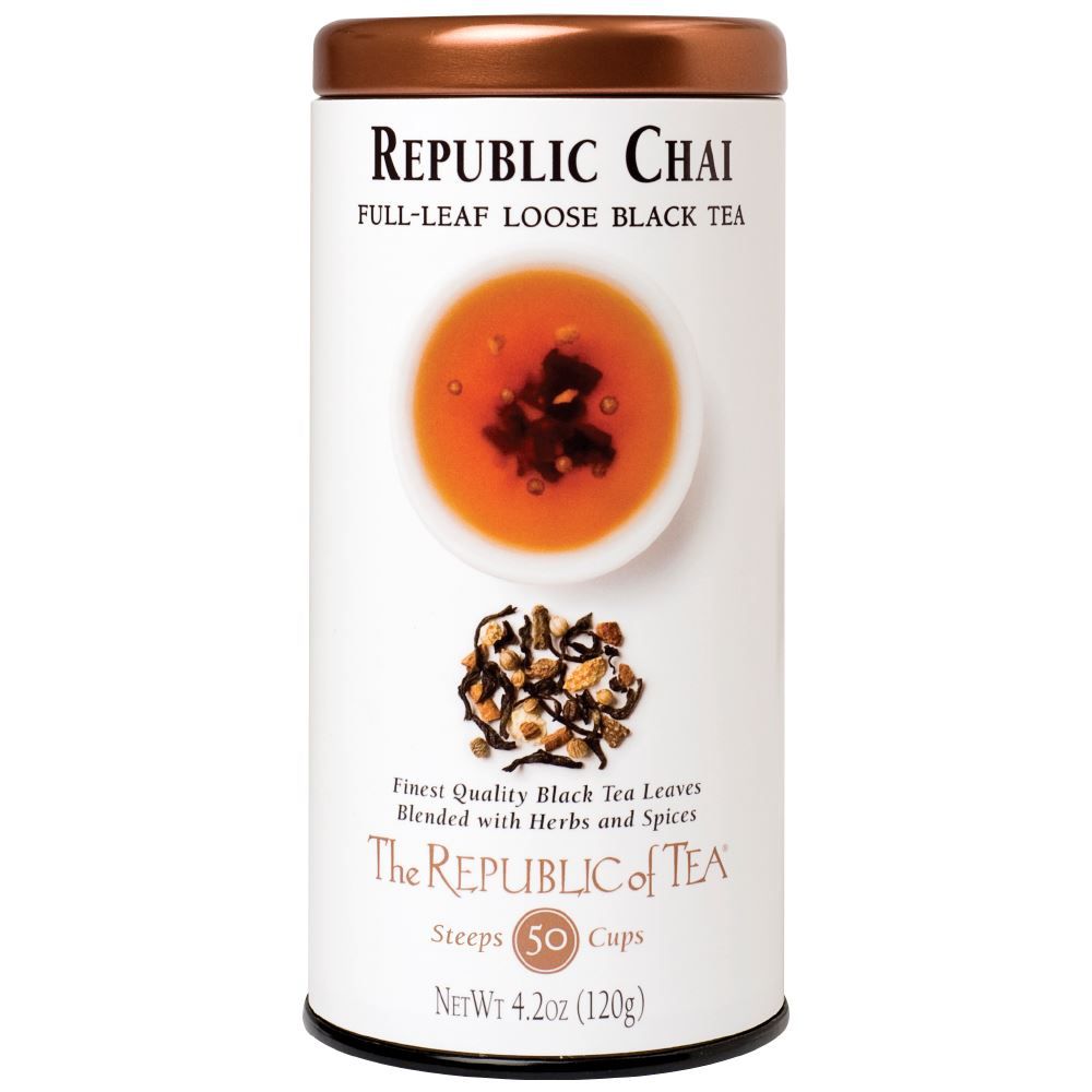 republic chai full leaf tea canister on a white background