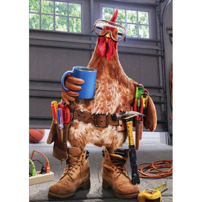 front of card has a rooster standing in a garage holding a cup of coffee wearing a tool belt and boots