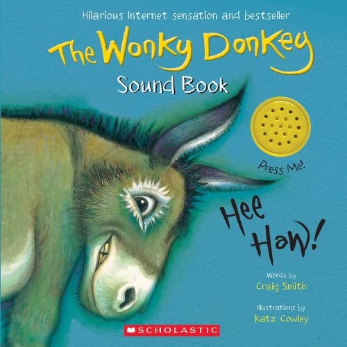 cover of book has a donkey and a plastic voice box for playing sounds, title, authors name, illustrators name