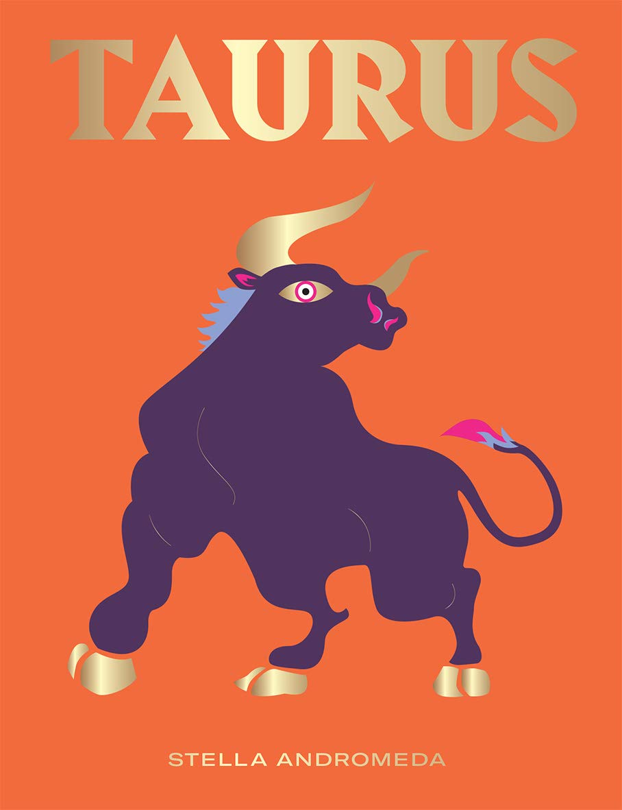 front cover of book is orange with illustration of a bull in purple, pink, and gold, title in gold, and author's name