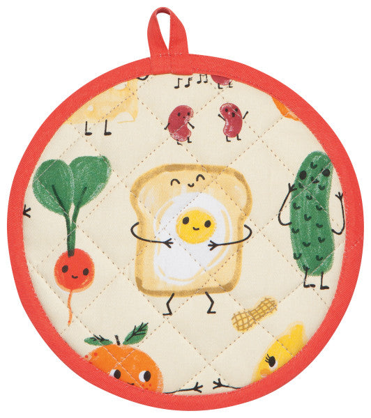 front of funny food shaped potholder on a white background