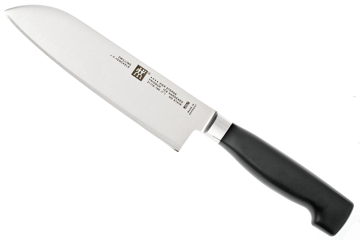 Santoku Knife with black handle on white back ground