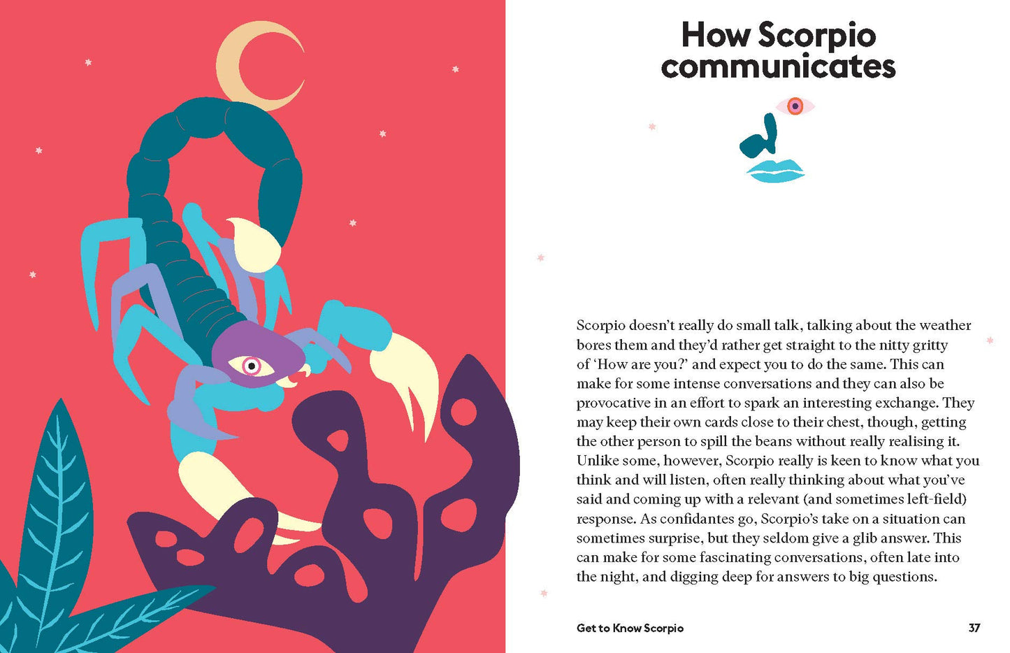 another set of pages with one having illustration of a scorpion in blues, plants in teal and purple and night sky in hot pink and yellow, and the other page is white with black text